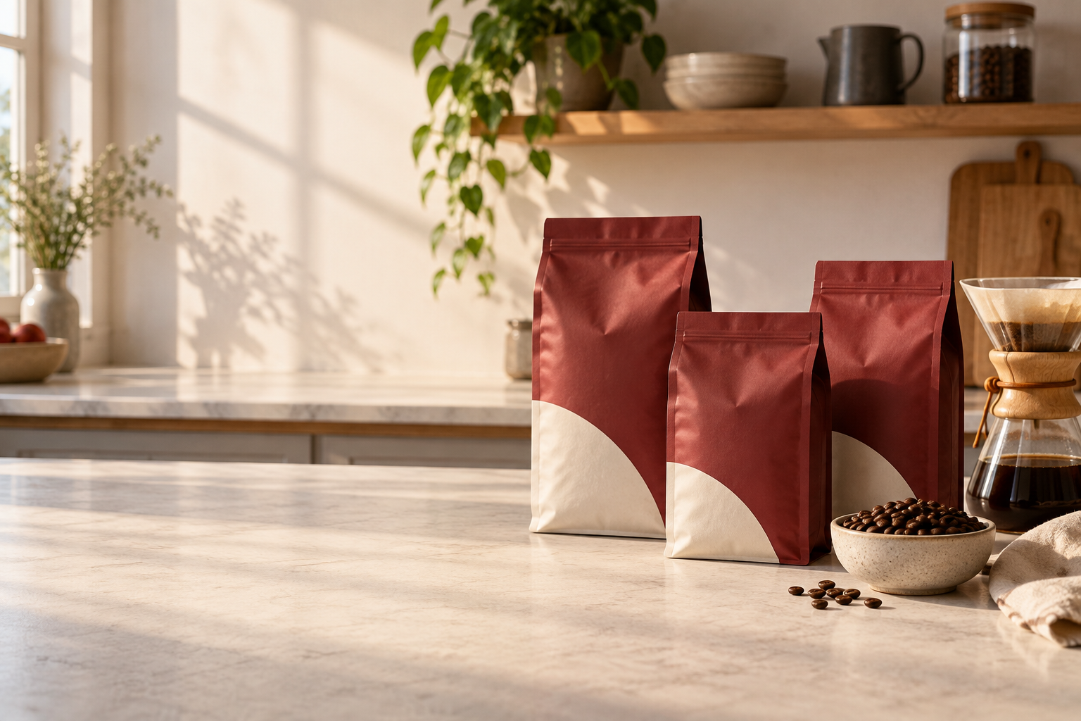 Three coffee bags and pour-over equipment in a warm home kitchen